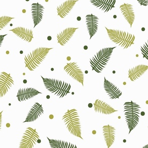 Fern Forest Pearl White with Greens Tropical Tossed Ferns Medium Scale Wallpaper Home Decor Fabric