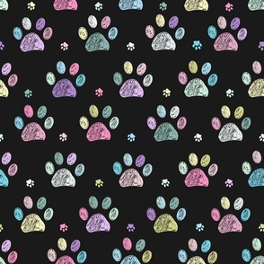 Colorful paw prints pattern black bacground