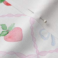 preppy grandmillennial strawberries blue bows pink trellis