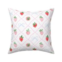 preppy grandmillennial strawberries blue bows pink trellis