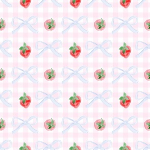 grandmillennial Pink Gingham watercolor strawberries blue bows