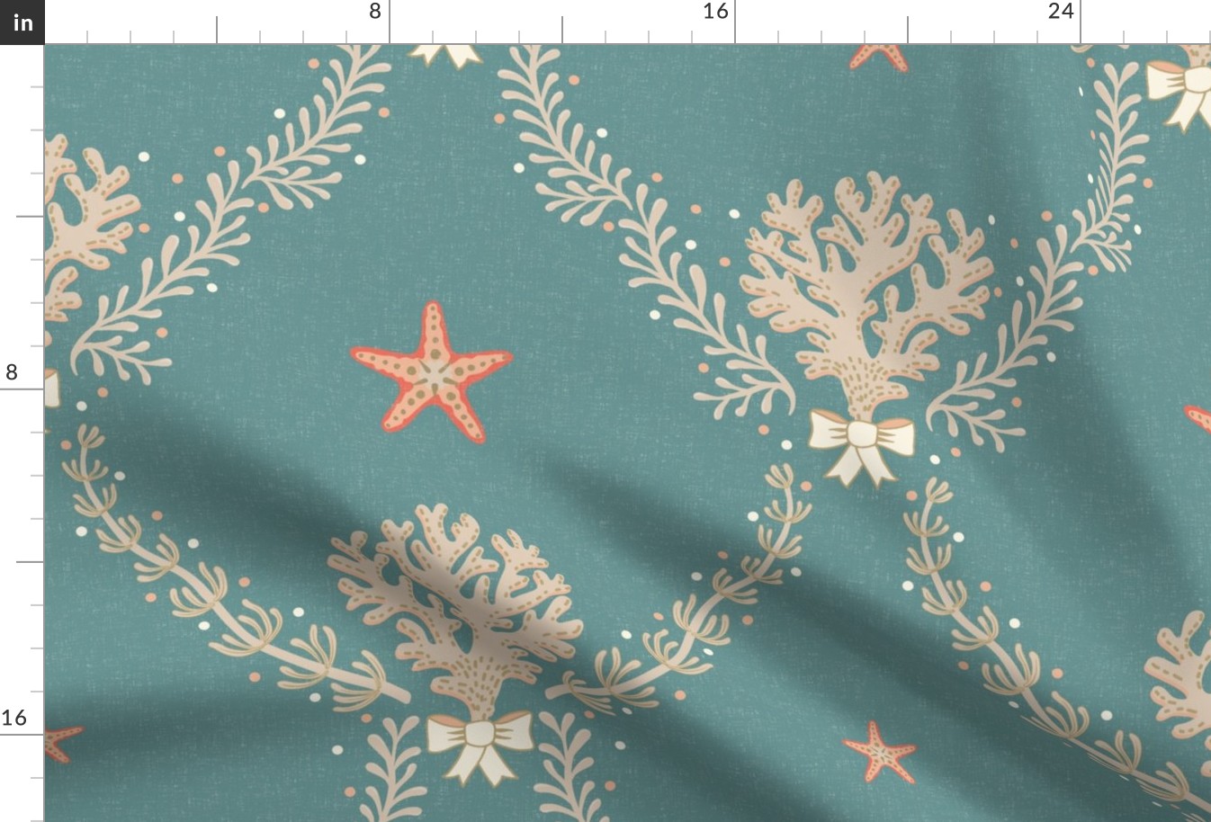Elegant coastal trellis with coral and seaweed - neutrals and orange on opal shadow, teal green - large