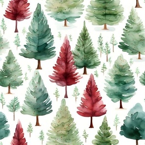 Green & Red Watercolor Christmas Trees - medium