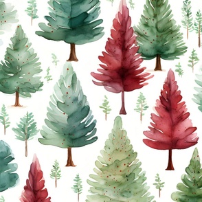Green & Red Watercolor Christmas Trees - large