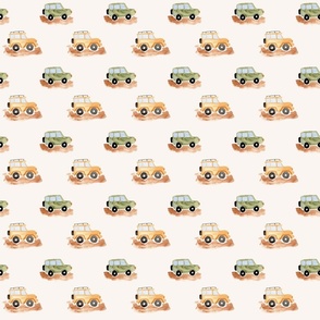 Safari cars in green and yellow watercolor on off white cream