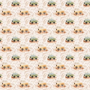 Watercolor Safari cars in green and yellow with brown speckle on off white cream