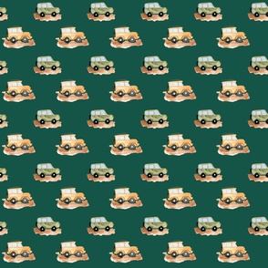 Safari cars in green and yellow with on dark green - hand painted watercolor 