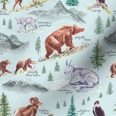 Goats and Grizzlies (Medium Scale) 240101 / Blue Green National Park Print with Pine Trees, Mountain Goats in Vintage Western Style
