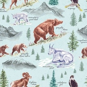 Goats and Grizzlies (Medium Scale) 240101 / Blue Green National Park Print with Pine Trees, Mountain Goats in Vintage Western Style