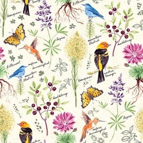 Alpine Flora and Fauna (Medium Scale) 240102 / Pink and orange vintage floral Glacier National Park Print with blue birds and flowers in yellow orange black purple in a vintage western style