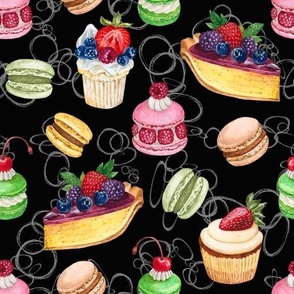 Never Skip Dessert, Hand Drawn Watercolor Cupcakes, Pies and French Macarons on Black, L