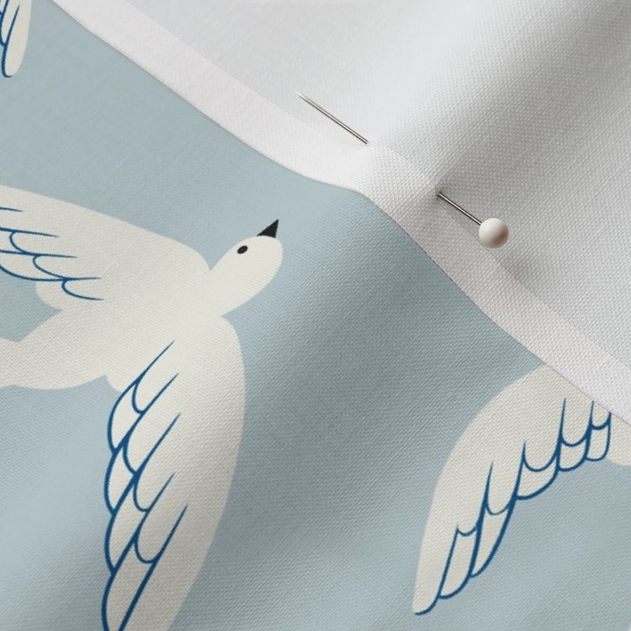 Flying Birds on Light Dusty Blue, Medium Scale, White Doves in the Sky 