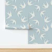 Flying Birds on Light Dusty Blue, Medium Scale, White Doves in the Sky 