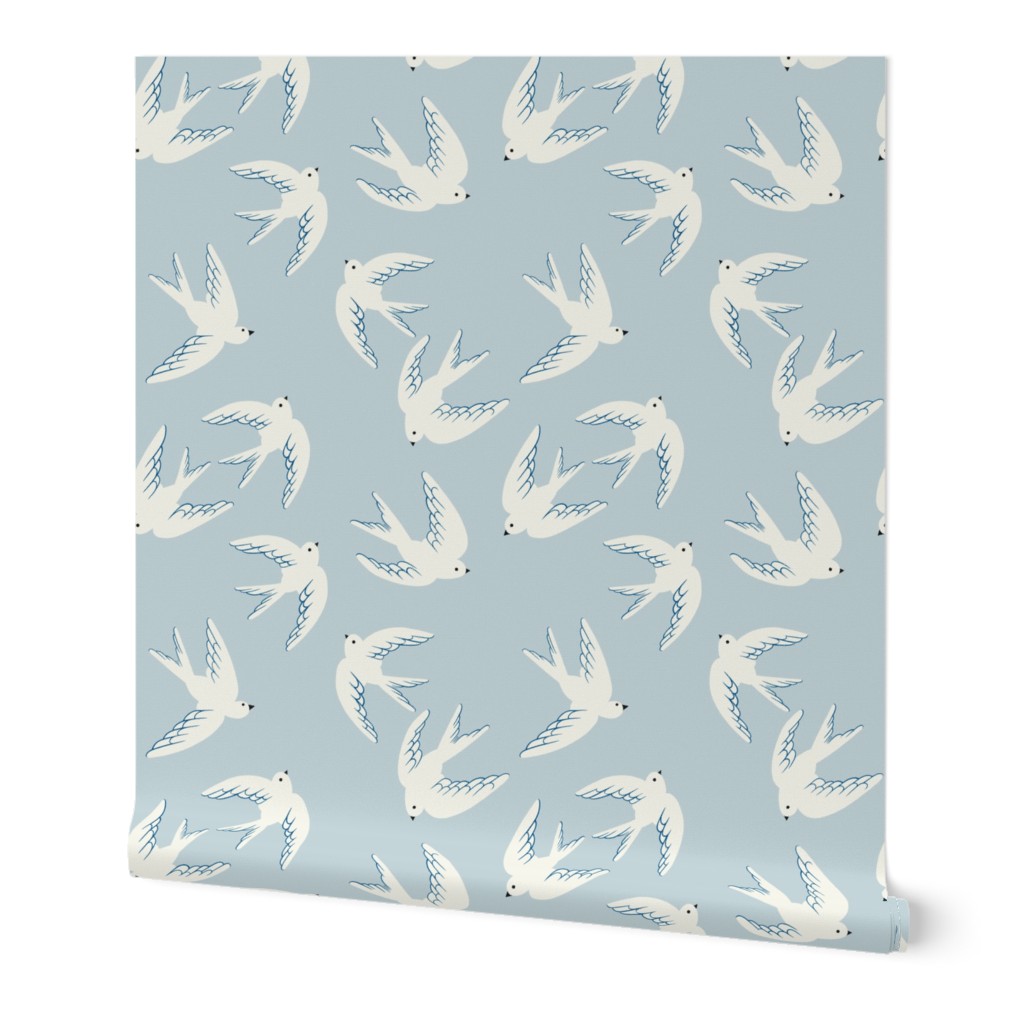 Flying Birds on Light Dusty Blue, Small Scale, White Doves in the Sky