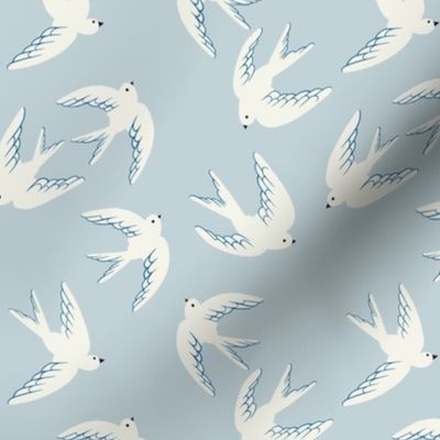Flying Birds on Light Dusty Blue, Small Scale, White Doves in the Sky