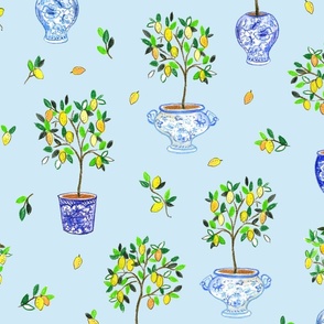 Lemon Trees in Porcelain blue large