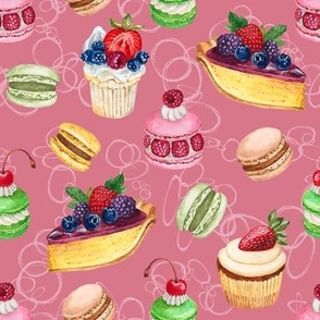 Never Skip Dessert, Hand Drawn Watercolor Cupcakes, Pies and French Macarons on Dark Pink, L