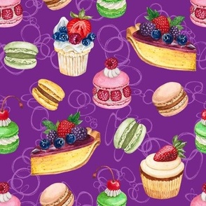 Never Skip Dessert, Hand Drawn Watercolor Cupcakes, Pies and French Macarons on Deep Lilac, L
