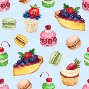 Never Skip Dessert, Hand Drawn Watercolor Cupcakes, Pies and French Macarons on Baby Blue, L