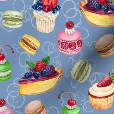 Never Skip Dessert, Hand Drawn Watercolor Cupcakes, Pies and French Macarons on Light Grayish Blue, L