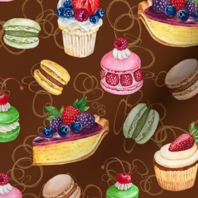 Never Skip Dessert, Hand Drawn Watercolor Cupcakes, Pies and French Macarons on Chocolate, L