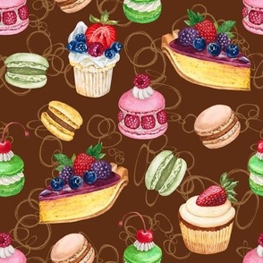 Never Skip Dessert, Hand Drawn Watercolor Cupcakes, Pies and French Macarons on Chocolate, L