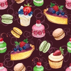 Never Skip Dessert, Hand Drawn Watercolor Cupcakes, Pies and French Macarons on Dark Magenta, L