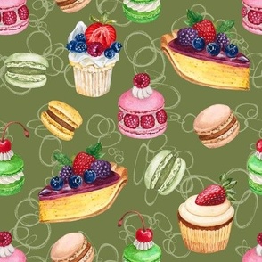 Never Skip Dessert, Hand Drawn Watercolor Cupcakes, Pies and French Macarons on Dark Sage, L