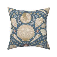 Beach Treasures coastal - shells, seaweeds and coral - neutrals on admiral blue - large