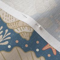 Beach Treasures coastal - shells, seaweeds and coral - neutrals on admiral blue - large