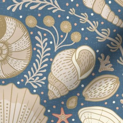 Beach Treasures coastal - shells, seaweeds and coral - neutrals on admiral blue - large