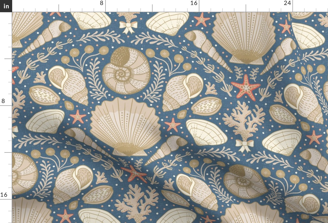 Beach Treasures coastal - shells, seaweeds and coral - neutrals on admiral blue - large