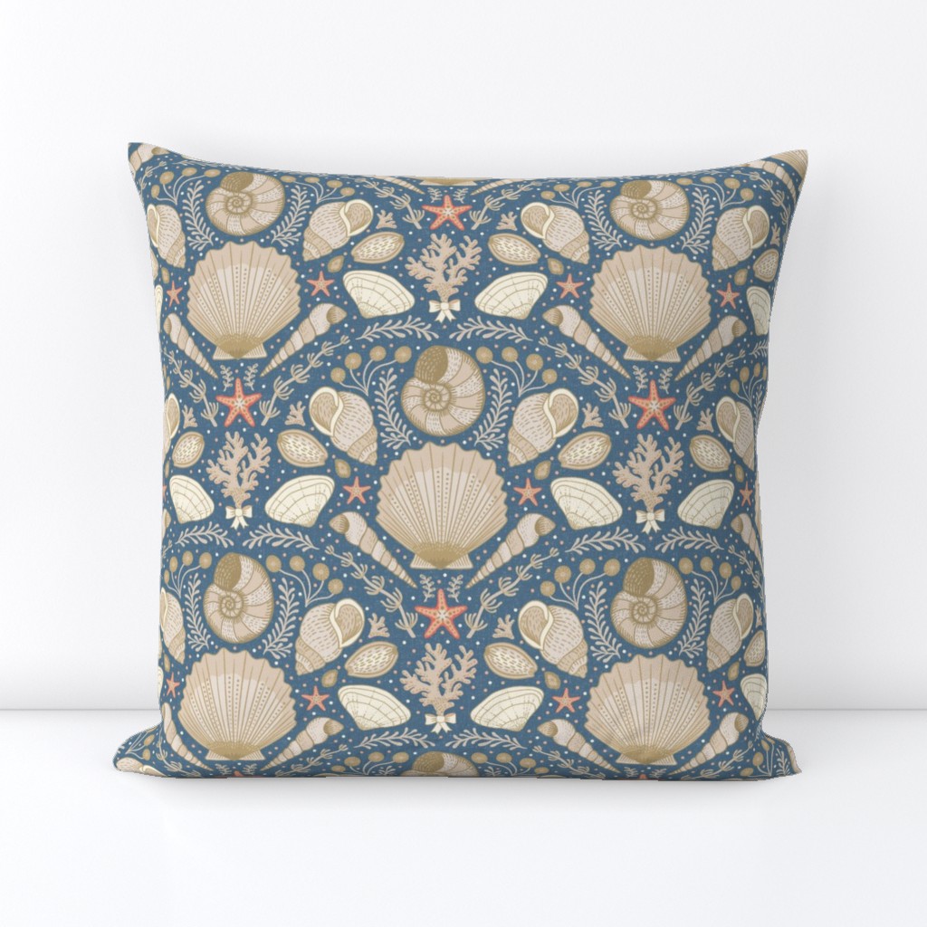 Beach Treasures coastal - shells, seaweeds and coral - neutrals on admiral blue - medium