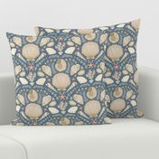 Beach Treasures coastal - shells, seaweeds and coral - neutrals on admiral blue - medium