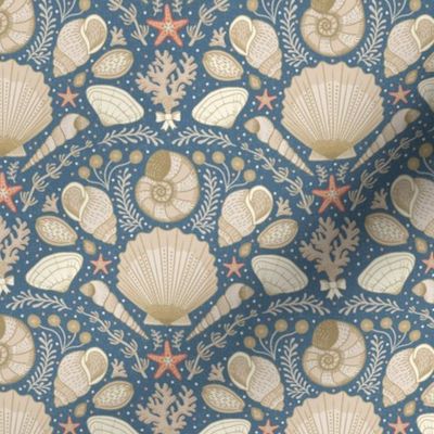 Beach Treasures coastal - shells, seaweeds and coral - neutrals on admiral blue - small