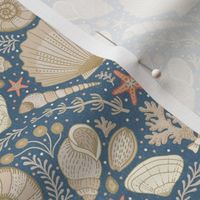 Beach Treasures coastal - shells, seaweeds and coral - neutrals on admiral blue - small