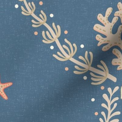 Elegant coastal trellis with coral and seaweed - neutrals and orange on admiral blue - large