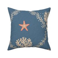 Elegant coastal trellis with coral and seaweed - neutrals and orange on admiral blue - large