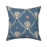 Elegant coastal trellis with coral and seaweed - neutrals and orange on admiral blue - small