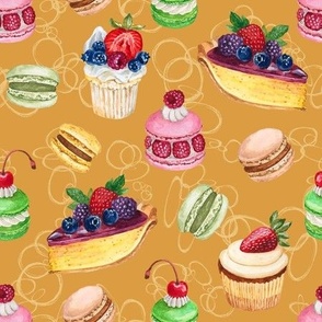 Never Skip Dessert, Hand Drawn Watercolor Cupcakes, Pies and French Macarons on Honey Yellow, L
