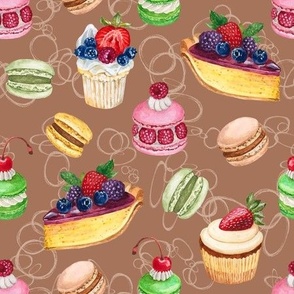 Never Skip Dessert, Hand Drawn Watercolor Cupcakes, Pies and French Macarons on Mocha, L