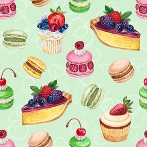 Never Skip Dessert, Hand Drawn Watercolor Cupcakes, Pies and French Macarons on Light Mint, L