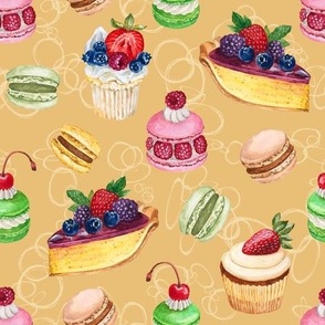 Never Skip Dessert, Hand Drawn Watercolor Cupcakes, Pies and French Macarons on Light Honey, L