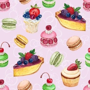 Never Skip Dessert, Hand Drawn Watercolor Cupcakes, Pies and French Macarons on Light Pink, L