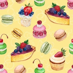 Never Skip Dessert, Hand Drawn Watercolor Cupcakes, Pies and French Macarons on Light Yellow, L