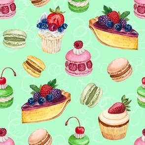 Never Skip Dessert, Hand Drawn Watercolor Cupcakes, Pies and French Macarons on Mint, L