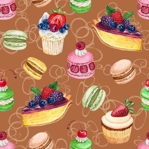 Never Skip Dessert, Hand Drawn Watercolor Cupcakes, Pies and French Macarons on Light Brown, L