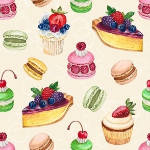 Never Skip Dessert, Hand Drawn Watercolor Cupcakes, Pies and French Macarons on Cream , L