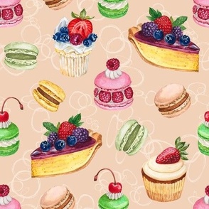 Never Skip Dessert, Hand Drawn Watercolor Cupcakes, Pies and French Macarons on Light Peach, L
