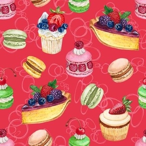 Never Skip Dessert, Hand Drawn Watercolor Cupcakes, Pies and French Macarons on Red, L